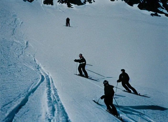 Prompt: a 3 5 mm kodachrome photo of people skiing in the swiss alps in the 1 9 5 0's, bokeh, canon 5 0 mm, cinematic lighting, film, photography, golden hour, depth of field, award - winning