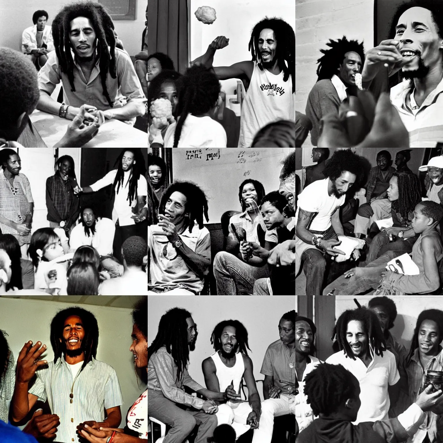 Prompt: bob marley teaching a class of people the importance of the rule'puff puff pass'