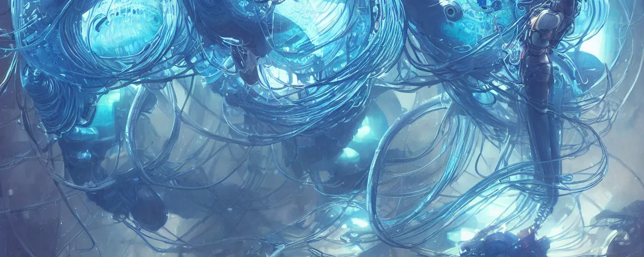 Image similar to a hyper detailed painting of a cyberpunk jellyfish, cables everywhere, blue tones, underwater, highly detailed, digital painting, artstation, concept art, smooth, sharp focus, illustration, art by artgerm and greg rutkowski and alphonse mucha