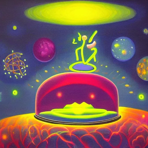 Image similar to god creating the universe, neon lit, surrealist painting in the style of dali
