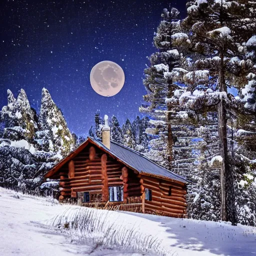 Image similar to cabin in the snowy mountains with wolves in the background under a full moon with pine trees