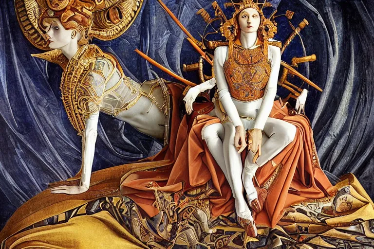 Image similar to beautifully painted mural of a cyborg king in his throne, ornate royal garments, sci fi royal throne room, piercing glowing eyes, intricate, highly detailed, incredible lighting, sci fi scenery, fantasy setting, vogue cover poses, masterful painting, mural in the style of sandro botticelli, caravaggio, albrecth durer