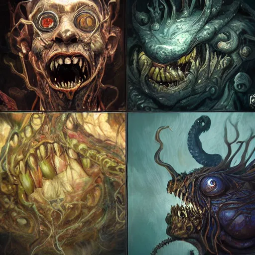 Image similar to eldritch abomination, gnashing teeth, multiple mouths, multiple eyes, oil painting, cinematic, intricate complexity, rule of thirds, in the style of Adam Paquette, Svetlin Velinov, Daarken, Artgerm, Keith Thompson, and Eric Deschamps, face by Artgerm and WLOP, magic the gathering art, character concept