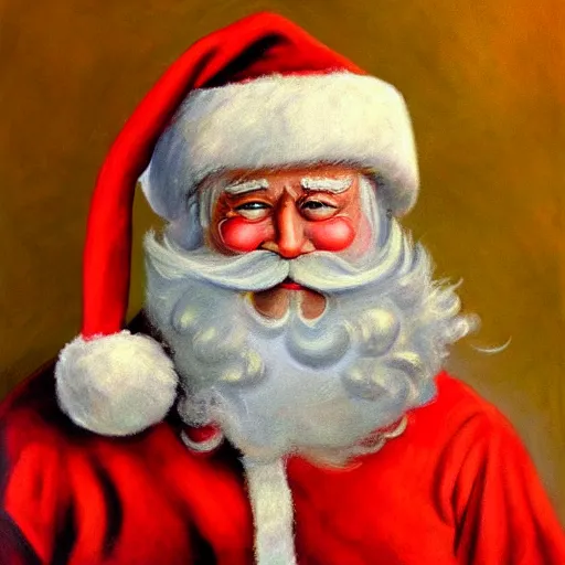 Image similar to an ultra - realistic portrait painting of santa claus in the style of frank frazetta. 4 k. ultra - realistic. highly detailed. dark fantasy. epic lighting.