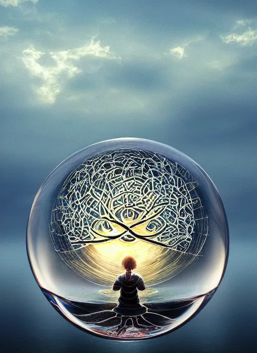 Image similar to transparent horizontally centered crystal sphere floating over a serene lake, tree of life inside the ball, intricate details, radiant light, reflections on the water, ripples, moody sky, hyperdetailed illustration by yuumei, by mark brooks, john harris, artstation, low global light, coherent composition