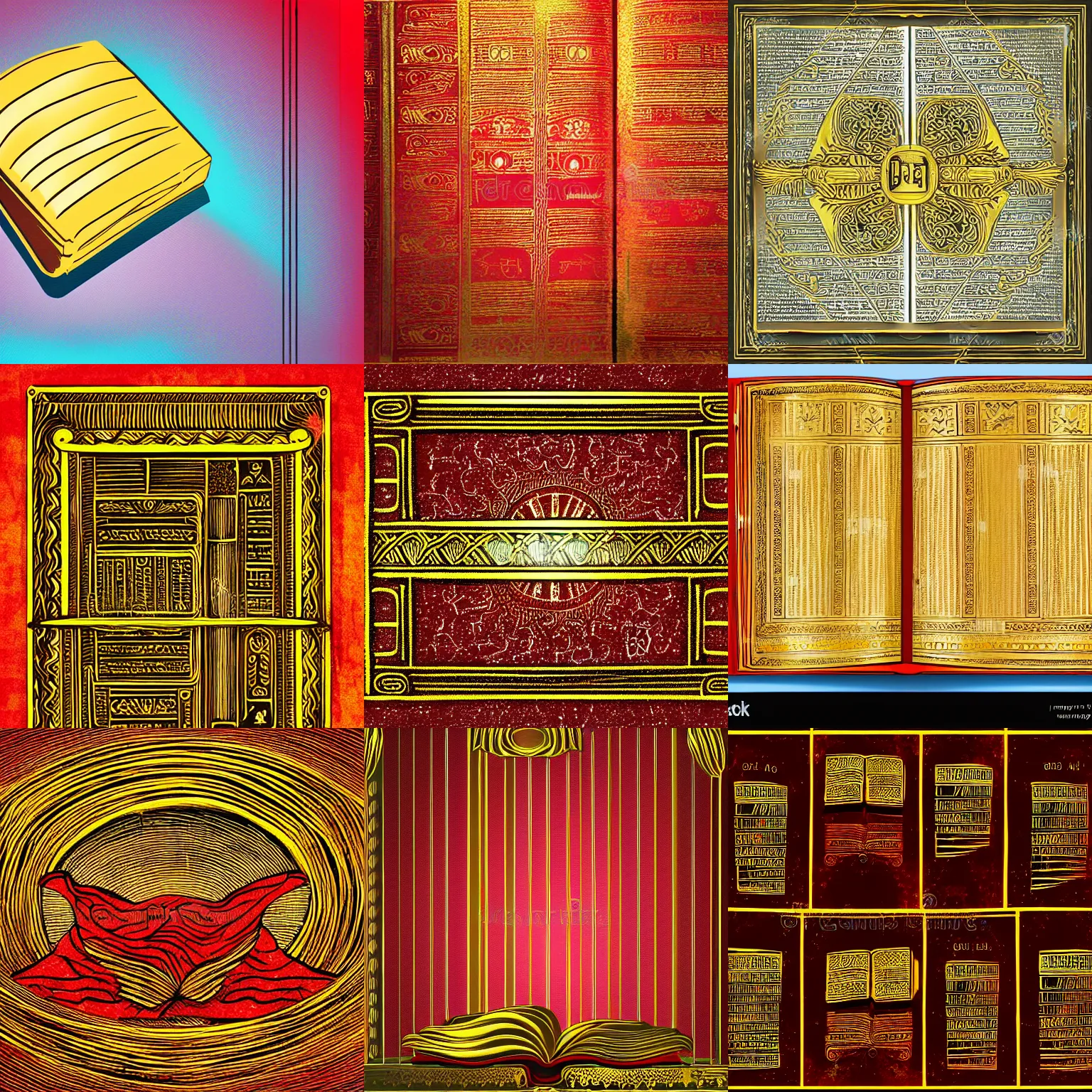 Prompt: golden ancient book, background red speed lines, illustration