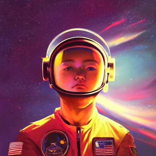 Prompt: cosmic skies in the reflection on an astronaut helmet. Vivid colors, soft lighting, atmospheric, cinematic, moody, in the style of Ilya Kuvshinov and Range Murata, Krenz Cushart, rule of thirds, oil on canvas, 8k.