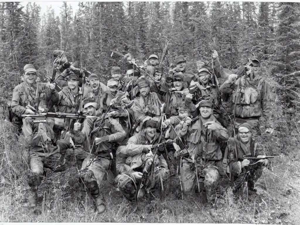 Image similar to happy group of finnish men with rifles preparing for a moose hunt and smiling to the camera, 1 9 6 6, home album pocket camera photo, detailed facial features, hyper realistic