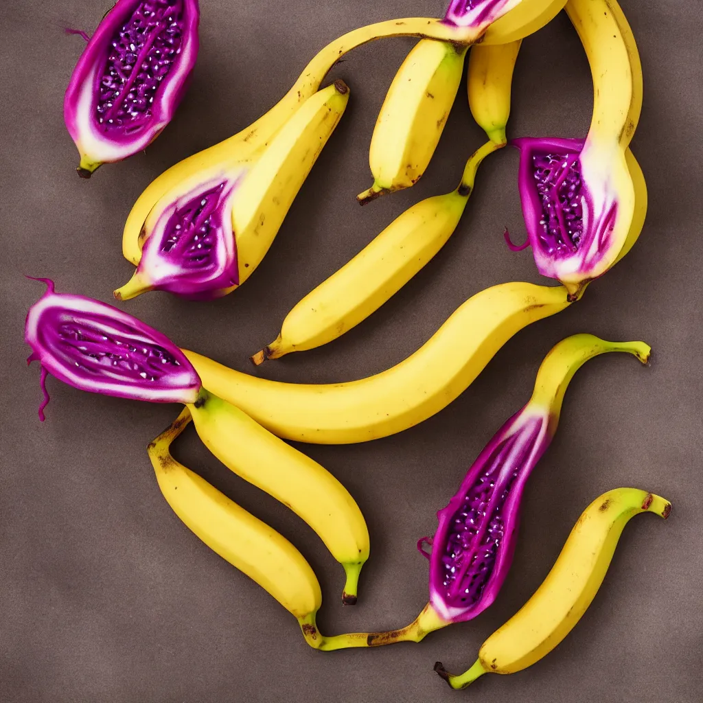 Image similar to banana that resembles dragon fruit, hyper real, food photography, high quality