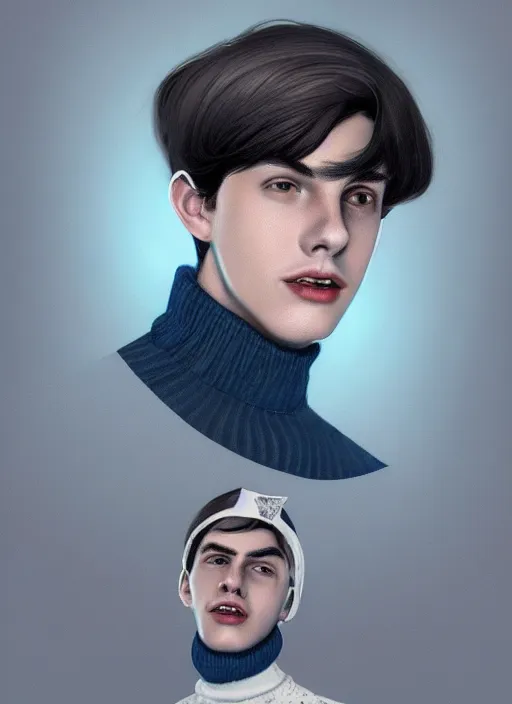 Image similar to portrait of teenage jughead jones wearing a light grey crown, crown, blue turtleneck, 1 9 5 0 s, closed eyes, photorealistic, black hair, glowing lighting, intricate, elegant, glowing lights, highly detailed, digital painting, artstation, concept art, smooth, sharp focus, illustration, art by wlop, mars ravelo and greg rutkowski