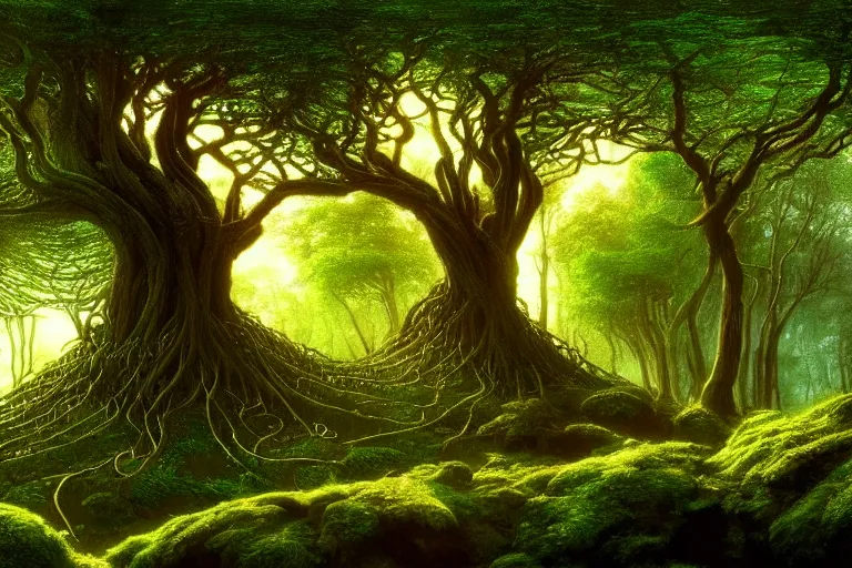 Image similar to a beautiful and highly detailed digital painting of a celtic elven tree in a lush forest, psychedelic patterns, celtic, intricate details, epic scale, 8 k, sharp focus, photorealism, artstation, cgsociety, by caspar friedrich, albert bierstadt, james gurney, brian froud,