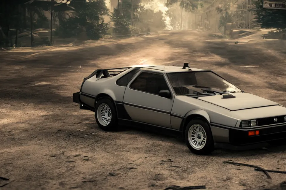 Image similar to ultra realistic toyta trueno ae 8 6 inspired by delorean dmc 5 drifting on ancient space highway wreckage in space, dark cinematic, volumetric, realistic, 3 d render, realistic render, cinematic lighting, volumetric lighting, atmospheric, cinematic, unreal engine 5, unreal engine render, octane render, hd, photorealism, hyper realistic, 8 k