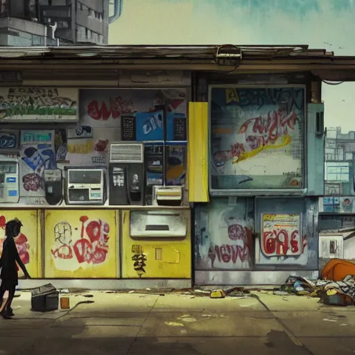 Image similar to incredible wide screenshot, ultrawide, simple watercolor, rough paper texture, ghost in the shell movie scene, backlit distant shot of girl in a parka running from a giant robot invasion side view, yellow parasol in deserted dusty shinjuku junk town, broken vending machines, bold graphic graffiti, old pawn shop, bright sun bleached ground, mud, fog, dust, windy, scary robot monster lurks in the background, ghost mask, teeth, animatronic, black smoke, pale beige sky, junk tv, texture, brown mud, dust, tangled overhead wires, telephone pole, dusty, dry, pencil marks, genius party,shinjuku, koji morimoto, katsuya terada, masamune shirow, tatsuyuki tanaka hd, 4k, remaster, dynamic camera angle, deep 3 point perspective, fish eye, dynamic scene