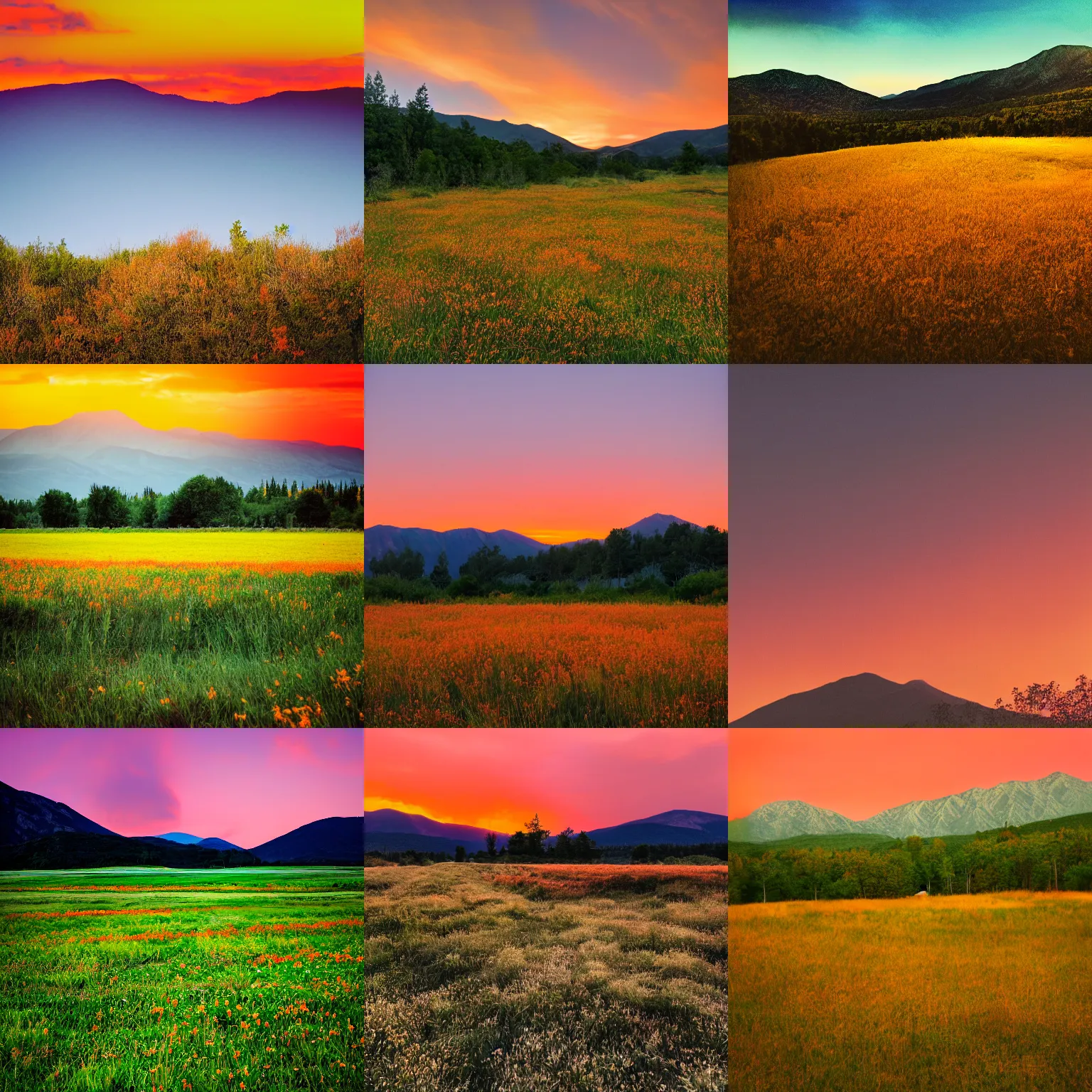 Prompt: a photograph of orange sky, white mountains, green field