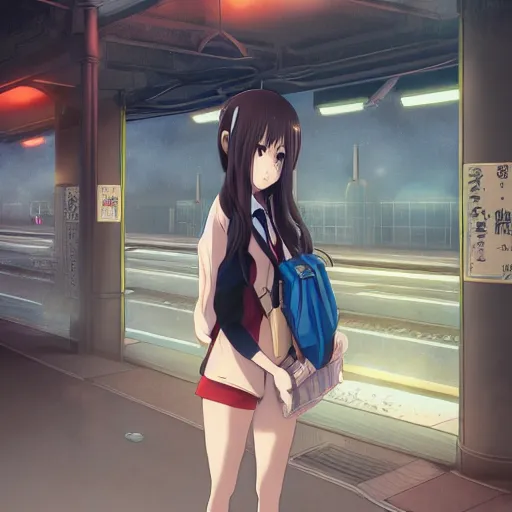 Image similar to portrait of the lone girl waiting for train at the station, anime fantasy illustration by tomoyuki yamasaki, kyoto studio, madhouse, ufotable, trending on artstation