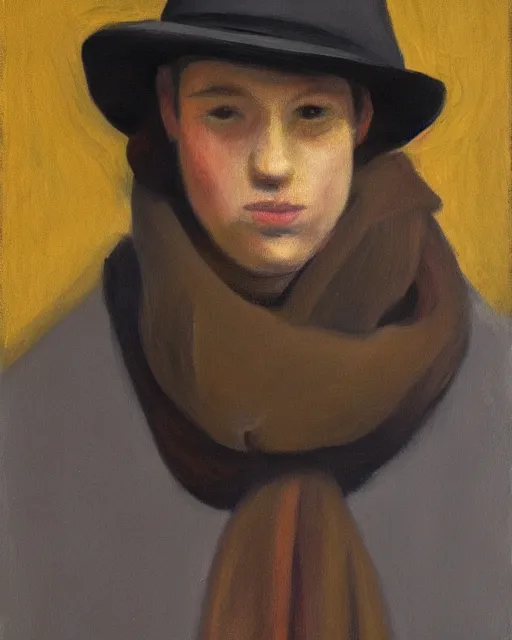 Image similar to a painting of a person wearing a hat and scarf, an oil on canvas painting by Luc Tuymans, featured on reddit, synthetism, oil on canvas, academic art, art on instagram