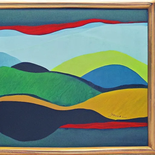 Prompt: A wild modernist landscape painting. Wild energy patterns rippling in all directions. Curves, organic. Saturated color. Mountains. Clouds. Textured surface. Rushing water.