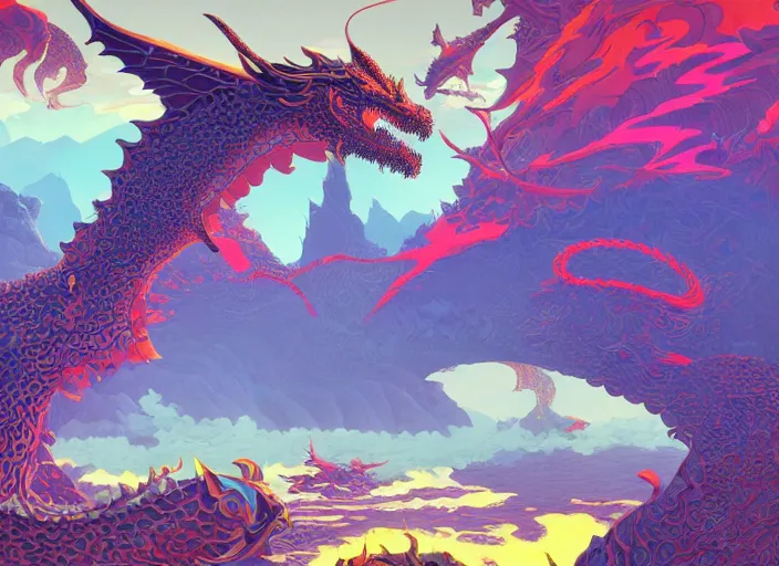 Image similar to psychedelic art of a landscape made of dragons, thousands of dragons, detailed, cel shaded, by makoto shinkai and moebius and anton fadeev and james gurney