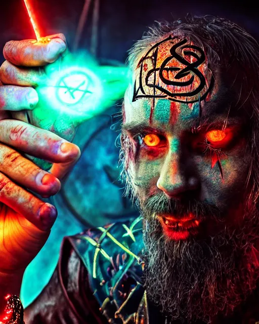 Prompt: enamel close up portrait of mage casting spells, glowing runes background, vibrant colors, gothic, lovecraftian horror, high production value, intricate details, high resolution, hdr, high definition, masterpiece, realistic, ultrarealistic, highly detailed, hd, sharp focus, non blurry, sharp, smooth