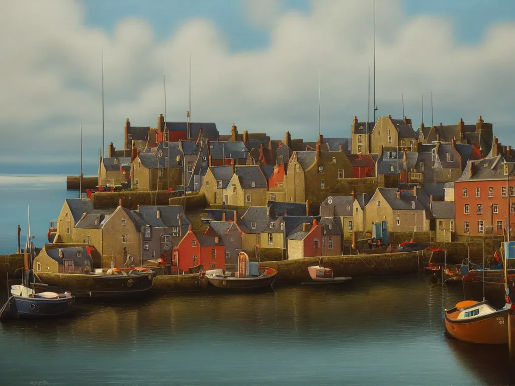 Prompt: A detailed oil painting of a beautiful Scotland fishing town, harbour, boats, in the style of Michiel Schrijver, isometric, pastel colors