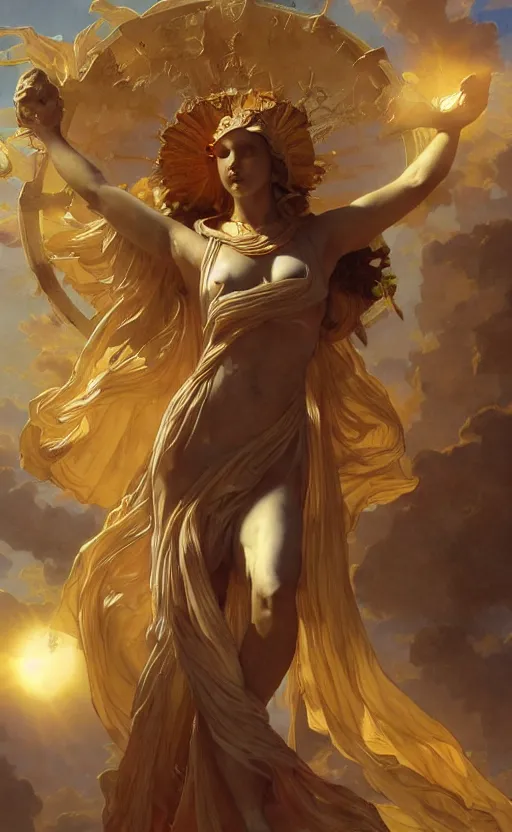 Image similar to solarpunk four armed statue of the goddess of the sun helios descending from olympus, four arms, artstation, concept art, smooth, sharp focus, illustration, art by artgerm and greg rutkowski and alphonse mucha and william adolphe bouguereau and john william waterhouse and gianlorenzo bernini