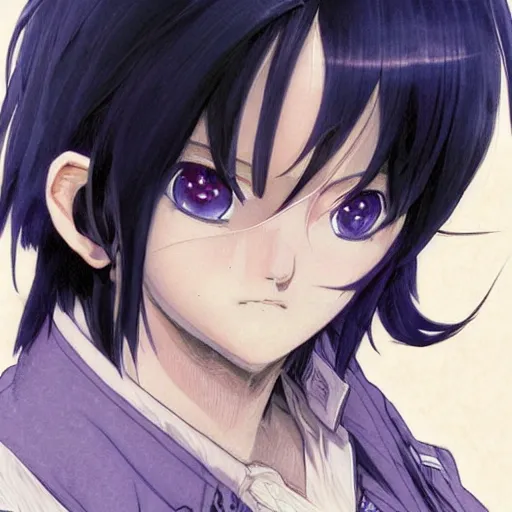 Prompt: small boy with black hair and blue purple eye, school uniform, anime style, hyper detailed, illustration, digital painting, art by artgerm and greg rutkowski and alphonse mucha, high delicate defined details, anime stylized, highly detailed, realistic, sharp focus