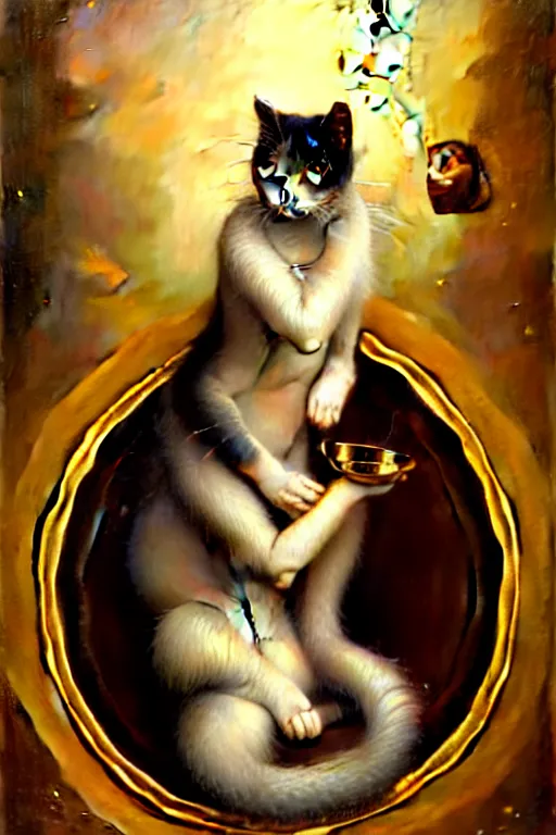 Image similar to gold cat smoking by tom bagshaw, mucha, karl kopinski Android Jones