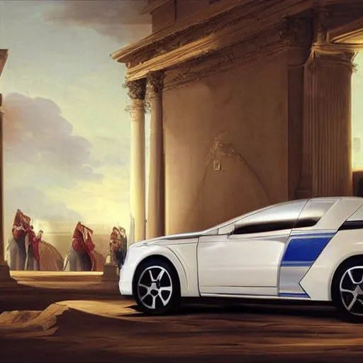 Image similar to sci fi car f1 hatchback transport design organic smooth elastic forms 20% of canvas; wall structure on the coronation of napoleon painting 20% of canvas; by Jacques-Louis David, pinterest keyshot product render, cloudy plastic ceramic material shiny gloss water reflections, ultra high detail ultra realism, 4k