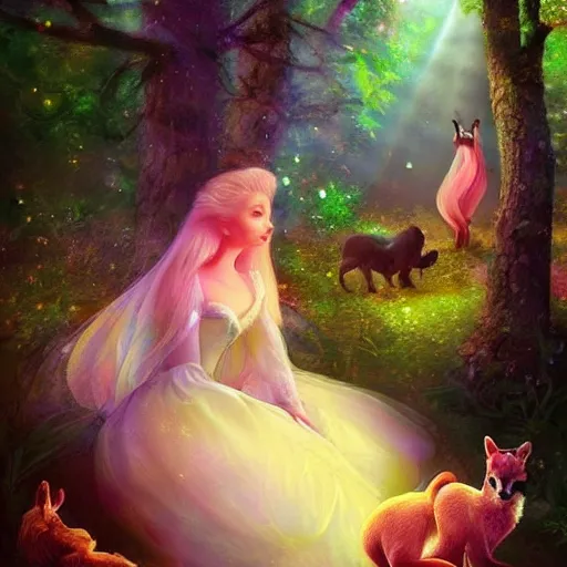 Image similar to A beautiful experimental art of Princess Aurora singing in the woods while surrounded by animals. She looks so peaceful and content in the company of the animals, and the colors are simply gorgeous. colorful lighting by Jeannette Guichard-Bunel harrowing