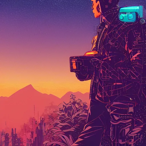 Image similar to Stunning illustration of single cyberpunk explorer overlooking lush forest , highly detailed, sunset, by Victo Ngai and James Gilleard , Moebius, Laurie Greasley