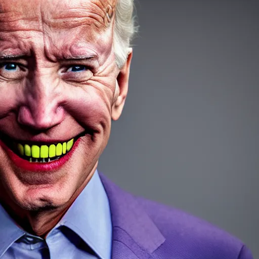 Image similar to portrait of joe biden as the joker, symmetrical, nikon 3 5 mm photography, ultrarealistic