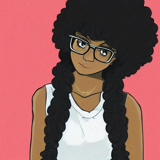 Prompt: a girl with dark complexion, long, curly, afro hair, stylistic oval black eyes, half - frame square glasses, grey hoodie opened, white tank top, jeans, character art, cute, digital art, cartoon network, cel shaded, character art