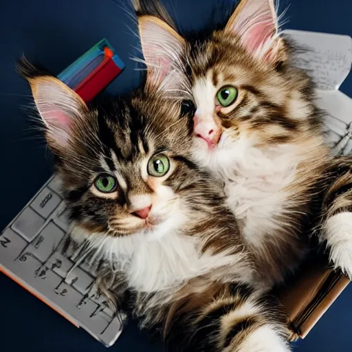 Image similar to shot from above, a super cute maine coon kitten ate my homework and got smart, hilarious, funny, back to school comedy, 3 d, octane, cinematic movie still, 8 k, 4 k, imax 7 0 mm, hdr,