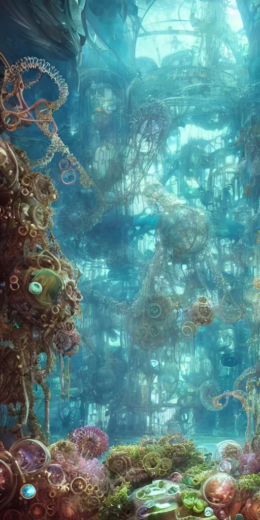 Prompt: mythical dreamy organic translucent bio-mechanical overpopulated underwater steampunk sci-fi city of Atlantis, jellyfish, seahorses, tropical fish, highly detailed, intricate crystal jelly ornate, poetic, 3D render, digital art, octane render, 8K artistic photography, photo-realistic, by Dora Maar