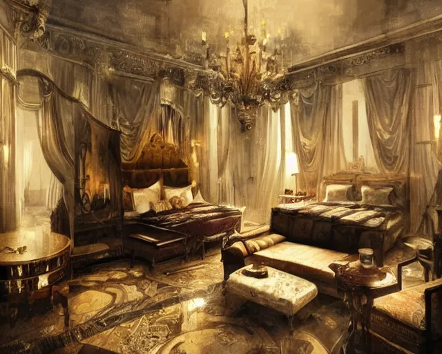 Image similar to a luxury hotel! suite room in the style of shakespearean! london!, art by greg rutkowski and artgerma, stunning! concept art, interior! design