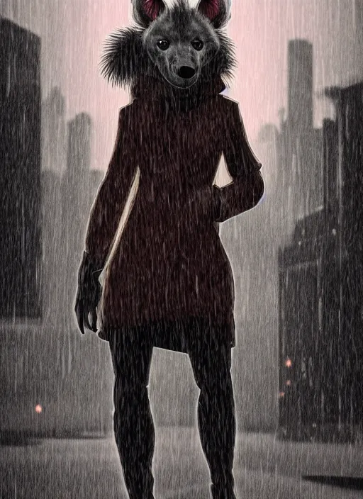 Image similar to digital artwork of anthromorphic hyena female, fursona, furry fandom, rainy cyberpunk setting, anthro, wearing large raincoat,