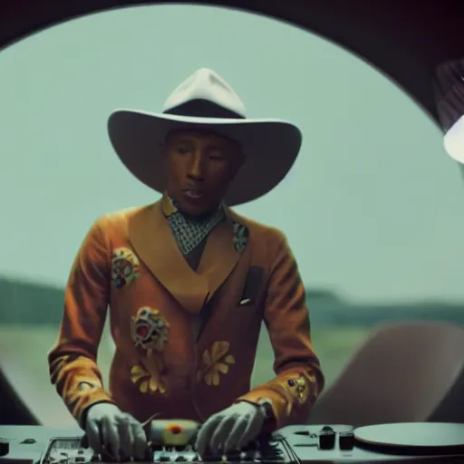 Image similar to cinematic film still of Pharrell Williams Making A Beat with an anthropomorphic alien, Japanese VFX, 2018, 400mm lens, f1.8, shallow depth of field,film photography