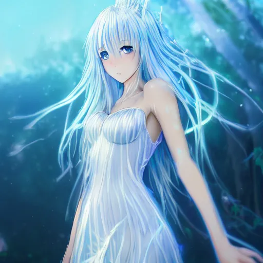 Image similar to a very beautiful anime girl wearing a dress made of water standing in a crystal lake , full body, long white hair with azure blue highlights blending into the dress , azure blue watery eyes, full round face, seductive over the shoulder glances , lens flare, cinematic lighting, medium shot, mid-shot, highly realistically detailed, trending on artstation, Unreal Engine 4k, Stanley Artgerm Lau, WLOP, Rossdraws, James Jean, Andrei Riabovitchev, Marc Simonetti, and Sakimichan