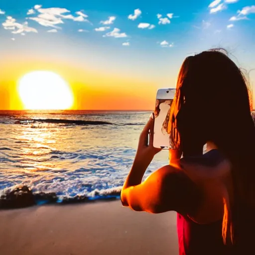 Prompt: A girl with a monkey face and long hair taking a selfie on the beach while there is a sunset