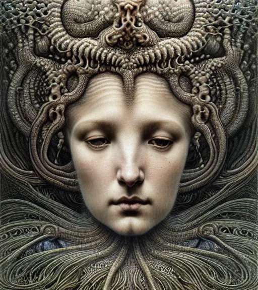 Image similar to detailed realistic beautiful tide goddess face portrait by jean delville, gustave dore, iris van herpen and marco mazzoni, art forms of nature by ernst haeckel, art nouveau, symbolist, visionary, gothic, neo - gothic, pre - raphaelite, fractal lace, intricate alien botanicals, ai biodiversity, surreality, hyperdetailed ultrasharp octane render