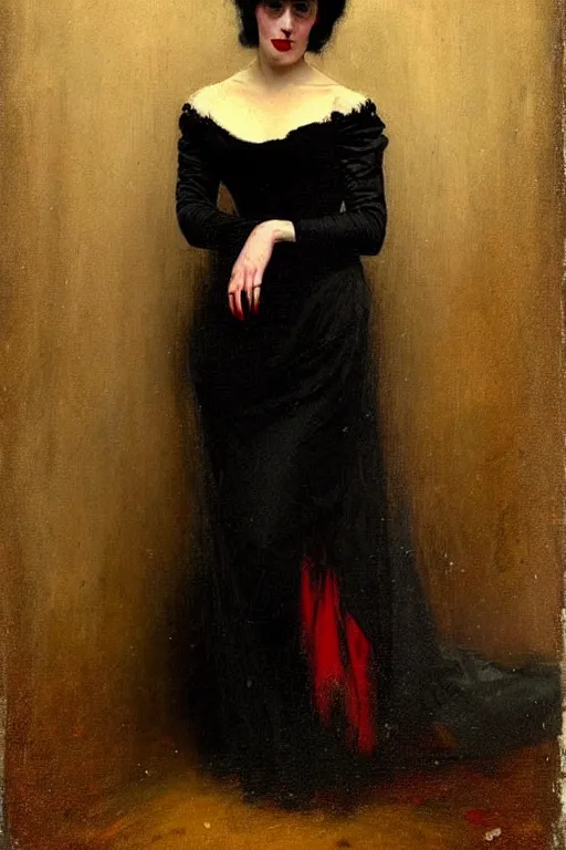 Prompt: ( ( ( ( ( ( ( ( ( ( ( victorian genre painting classic vampire with black and red dress ) ) ) ) ) ) ) ) ) ) ) painted by solomon joseph solomon and richard schmid and jeremy lipking!!!!!!!!!!!!!!!!!!!!!!!!!!!!