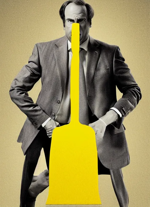 Prompt: Saul Goodman standing on a justice libra, minimalist art, poster, yellow background, very clean