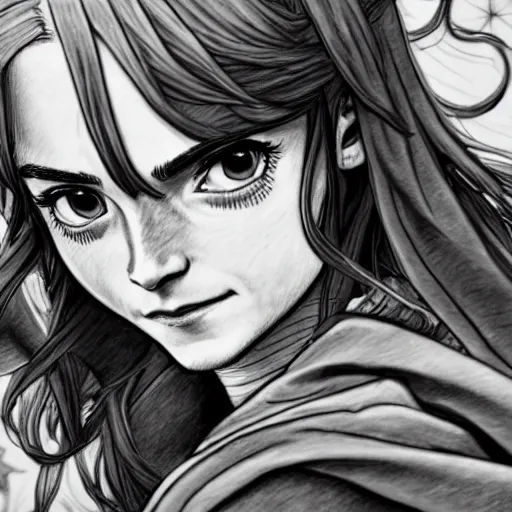 Image similar to a very detailed pencil drawing of emma watson in demon slayer manga panel 4 k, high resolution, still, landscape, hd, dslr, hyper realistic, manga, beautiful