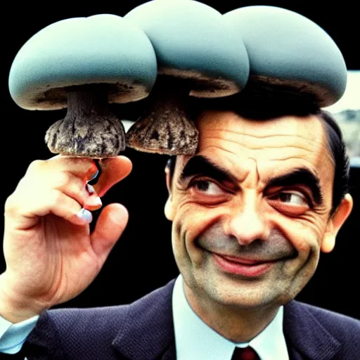 Image similar to 1980s archival photo of Mr Bean smiling sinisterly with a mushroom cloud behind him