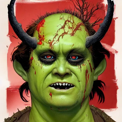 Prompt: horror monster makeup grinning one-eyed grimpunk vile reprobate portrait portrait Cyclops Cyclops Polyphemus shrek with tombow norman rockwell greg rutkowski frank frazetta alexandre briclot Dave Dorman splatterpaint