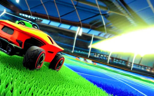 Image similar to rocket league, car soccer, boom, goal, demo, explosion, action shot, lens flares, rim light, raytracing, glow, haze, hyper - realistic, micro details, octane render, unreal engine, cinematic shot