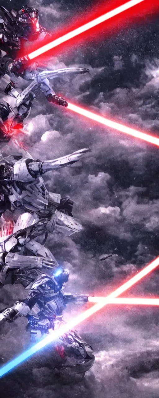 Image similar to Ryu with a lightsaber battling mechagodzilla on saturn's rings, shot by michael bay, 4k, futuristic, cinematography