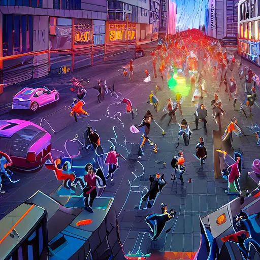 Image similar to bunch of people running away from a bitcoin giant in the city, hyper detailed, trending on artstation, hdr, 8 k, bright colors