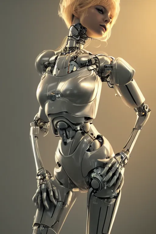 Image similar to a beautiful woman with blonde hair wearing robot suit with wires and light, highly detailed, photorealistic, artstation, smooth