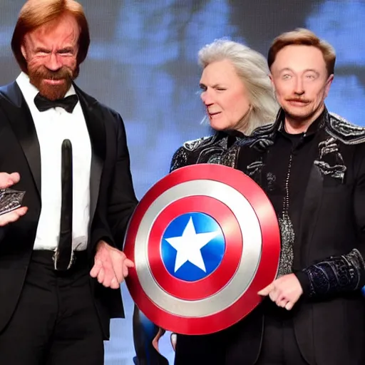 Prompt: uhd hyperdetailed candid photo of cosmic chuck norris dressed as captain america, wearing extremely intricate costume, receiving an award from elon musk. photo by annie leibovitz